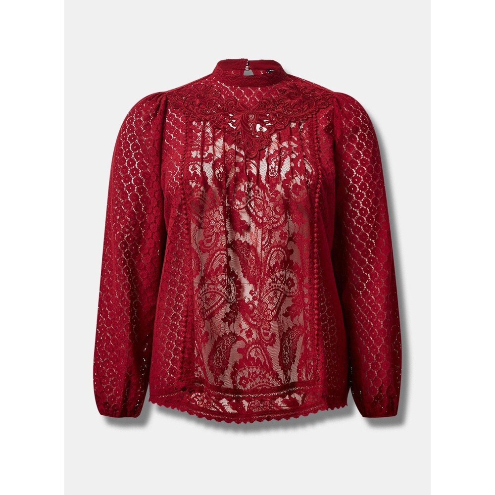 NWT Torrid 1X Rhubarb Red Mixed Lace High Neck Long Sleeve Top Blouse Size 14-16 - Picture 6 of 9